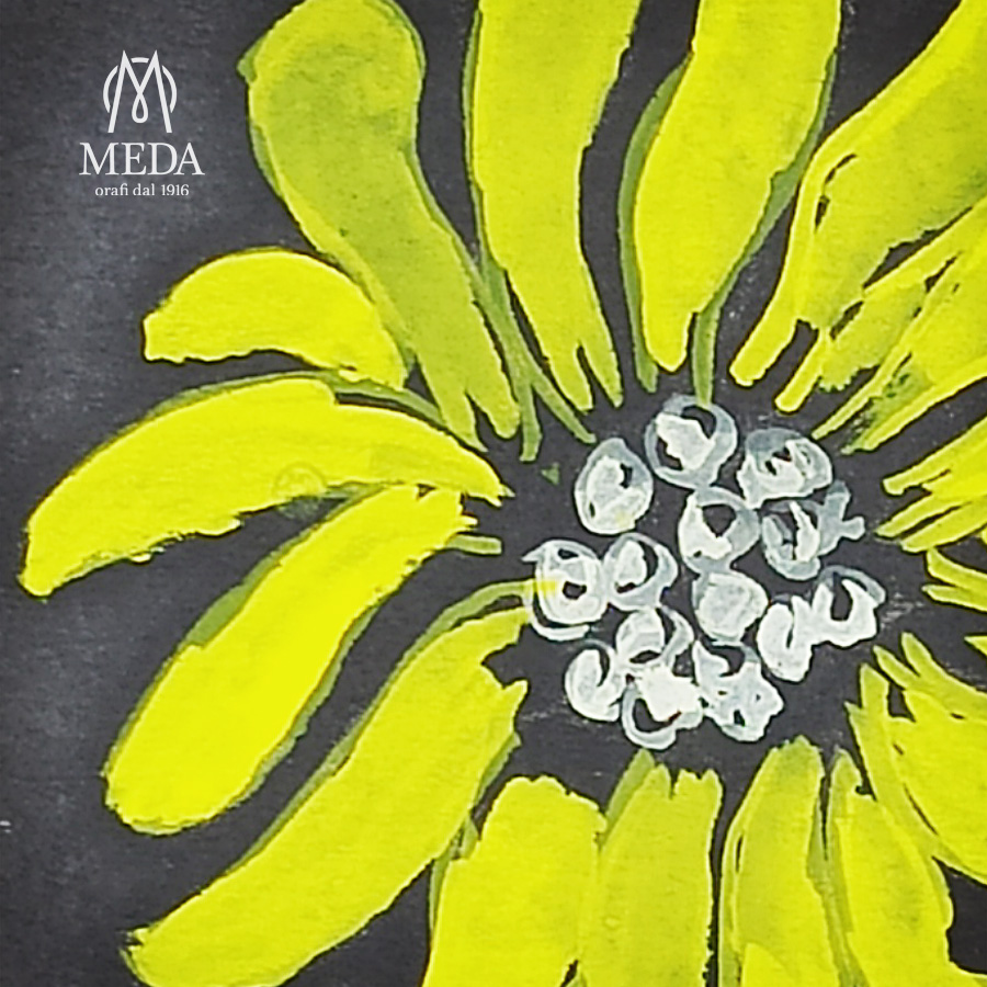 Il disegno di un fiore giallo realizzato da Mario Meda come studio di forme e stili per i suoi gioielli artigianali